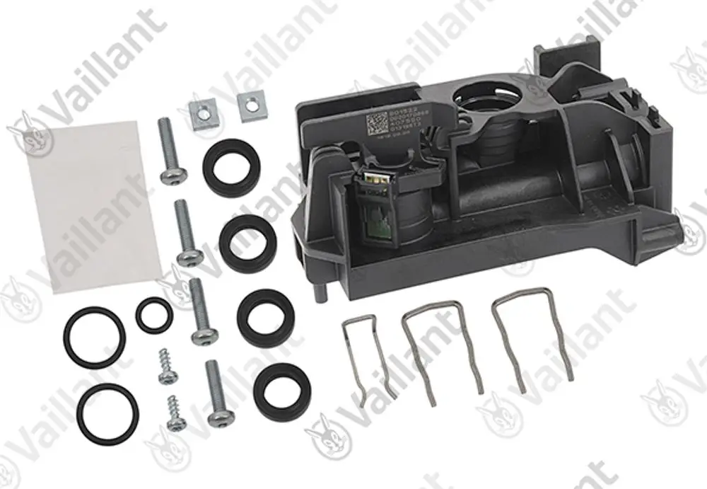 Vaillant Strömungssensor mit Halterung, Dichtungsringen, Schrauben und Clips. Komponenten für die Installation und Reparatur im Heizungsbereich.